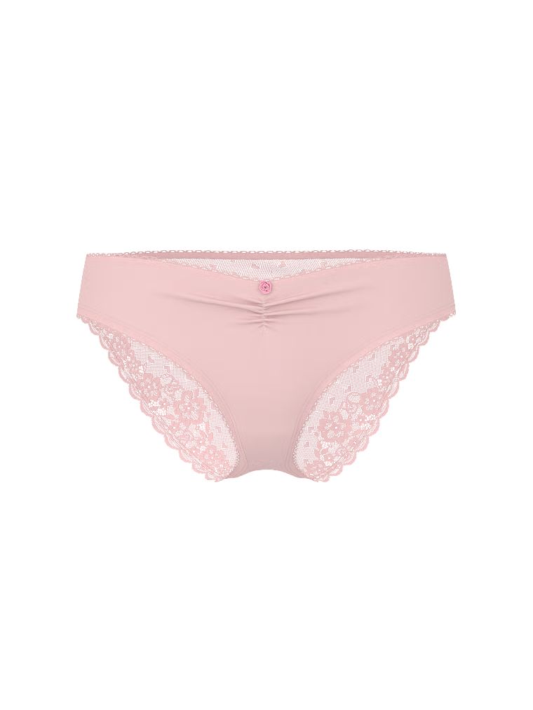 Bavlněné kalhotky s síťkou na zadní straně bikin Heart Lace. Produkt je růžové barvy a pochází z kolekce Victoria's Secret.