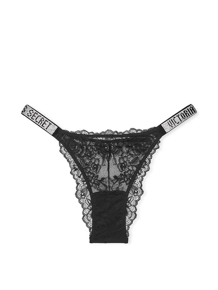 Brazilské krajkové kalhotky Shine Strap s lesklými ramínky. Produkt je černý a pochází z kolekce Very Sexy.
