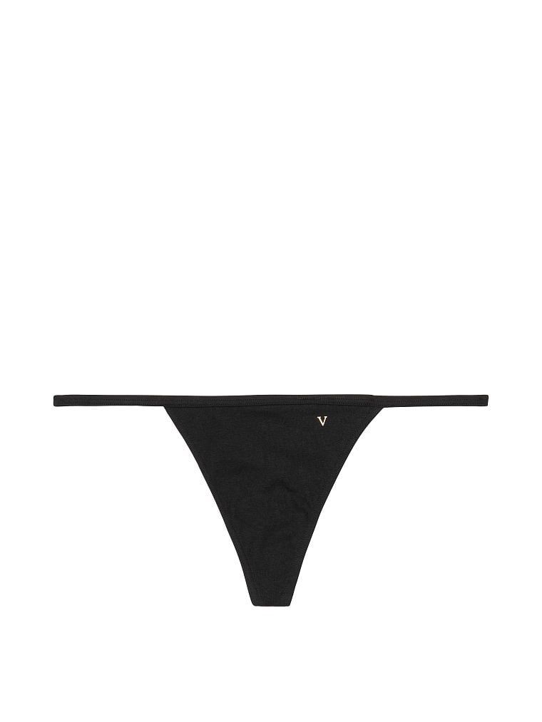 Elastická bavlněná tanga. Produkt je černý a pochází z kolekce Victoria's Secret.