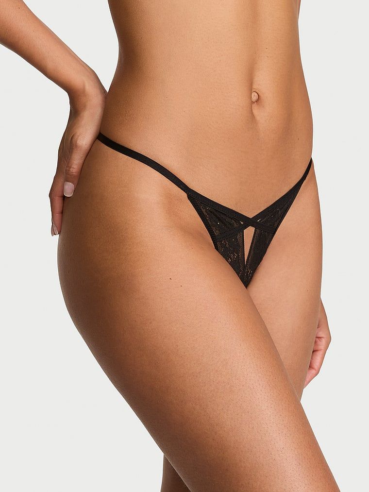 Very Sexy Pásková tanga z krajky s motivem růže, s pásky a průstřihy