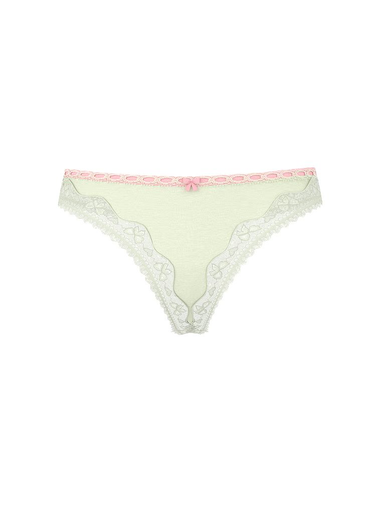 Bavlněné tanga s motlou s krajkou a lemem. Produkt je zelené barvy a pochází z kolekce Lace Trim.