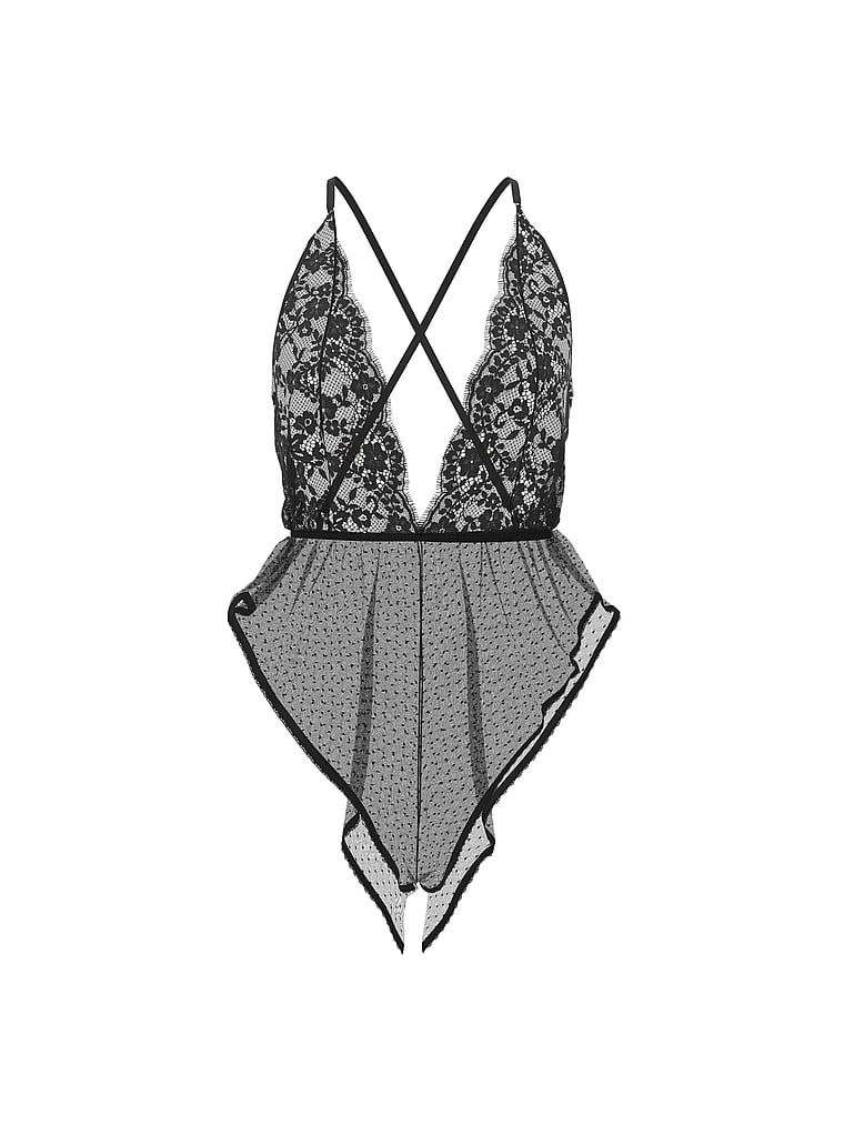 Průsvitná síťovaná síťka a krajkový overal. Produkt je černý a pochází z kolekce Dream Angels.