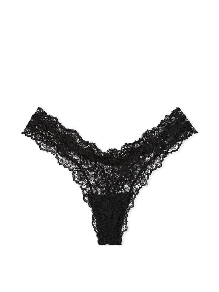 Tanga z růžové krajky s vysoko střiženými nohavicemi. Produkt je černý a pochází z kolekce Very Sexy.