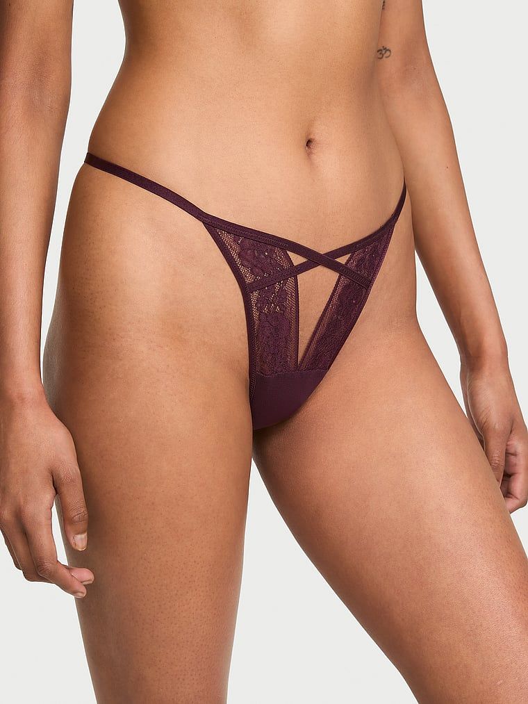Very Sexy Pásková tanga z krajky s motivem růže, s pásky a průstřihy