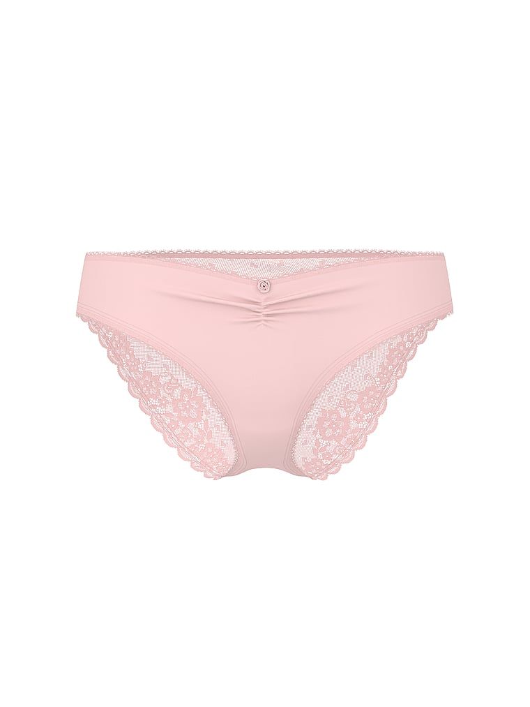 Bavlněné kalhotky s síťovanou střižkou vzadu Heart Lace Hiphugger. Produkt je růžové barvy a pochází z kolekce Victoria's Secret.