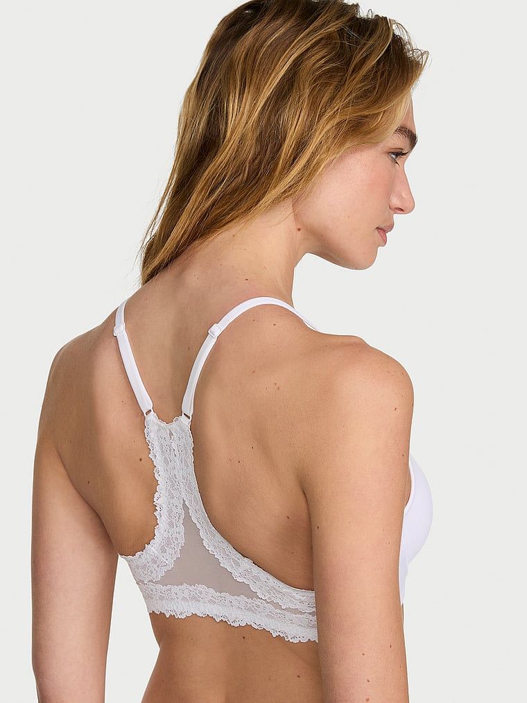 Lehce přišitá podprsenka zapnutá vpředu s krajkou vzadu Racerback Demi. Produkt je bílý a pochází z kolekce Body by Victoria.