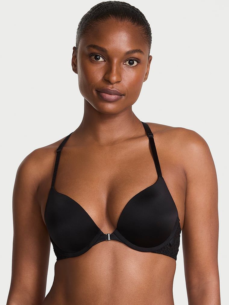 Push-up podprsenka se zapínáním vpředu a šněrováním vzadu Sexy tričko. Produkt je černý a pochází z kolekce Victoria's Secret.