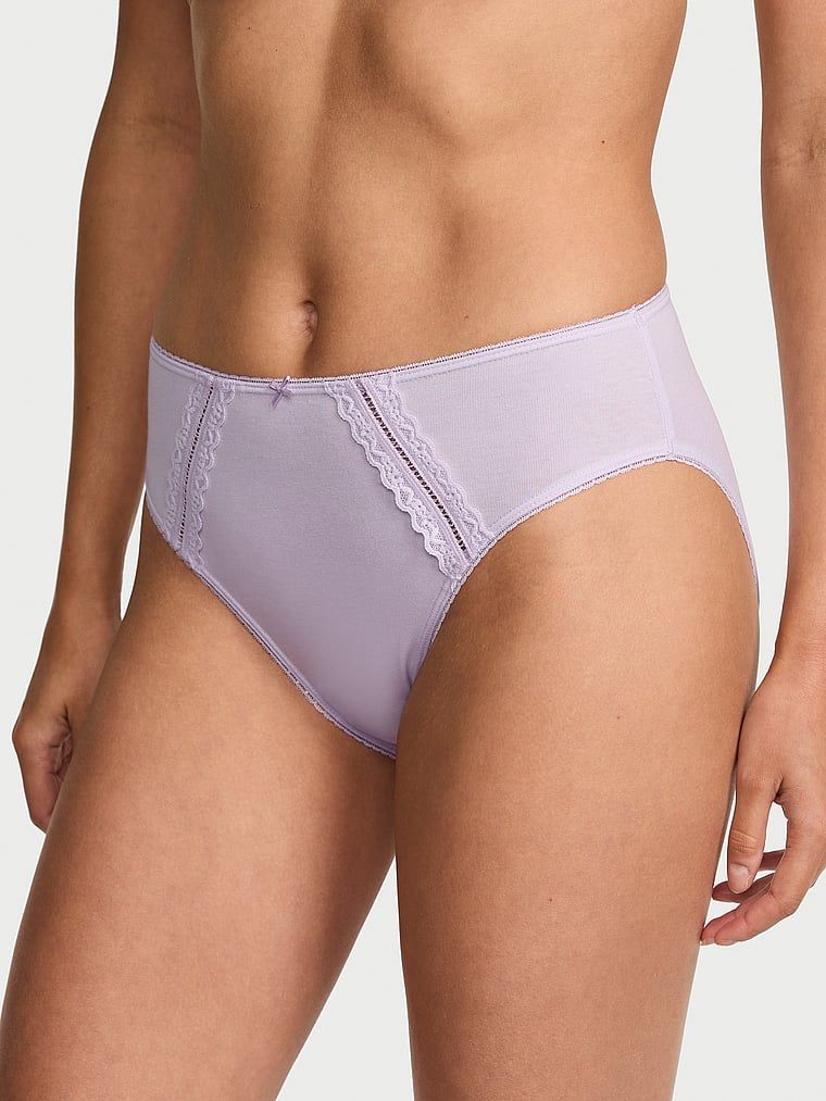 Victoria's Secret Bavlněné klasické kalhotky s vysoko střiženou nohavičkou a krajkovým lemem