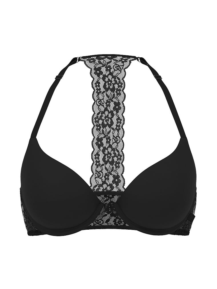 Push-up podprsenka se zapínáním vpředu a šněrováním vzadu Sexy tričko. Produkt je černý a pochází z kolekce Victoria's Secret.
