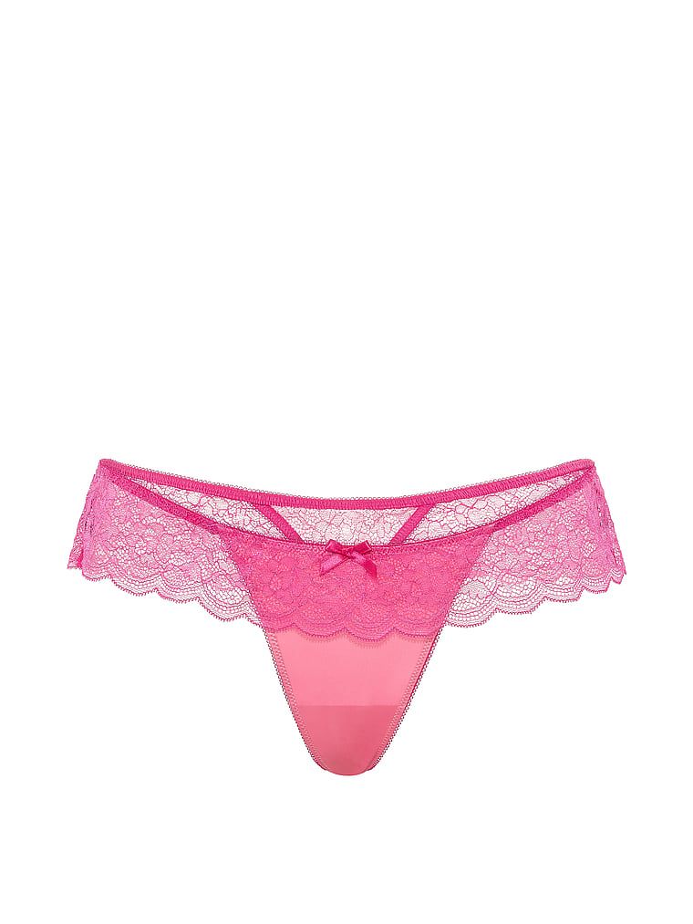 Satónová tanga s volánkem Tease. Produkt je růžové barvy a pochází z kolekce Victoria's Secret.