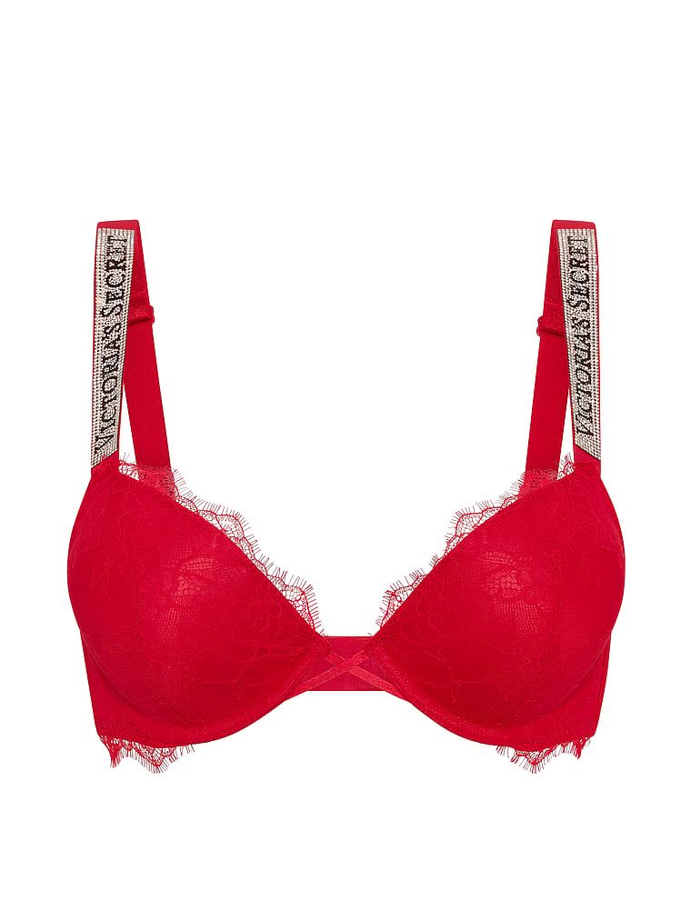 Push-up krajková zvětšovací podprsenka pro 2 velikosti Bombshell Shine Strap. Produkt je červené barvy a pochází z kolekce Very Sexy.