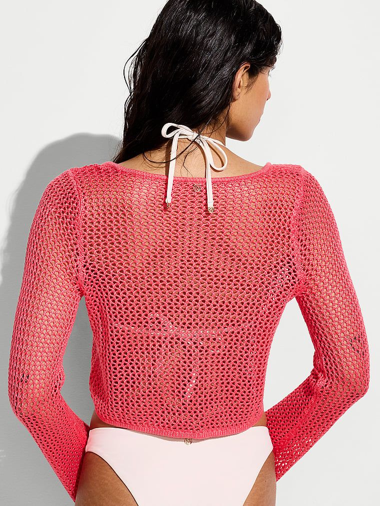Viskózový perforovaný top pro háčkování plážového oblečení. Produkt je růžové barvy a pochází z kolekce Victoria's Secret Swim.