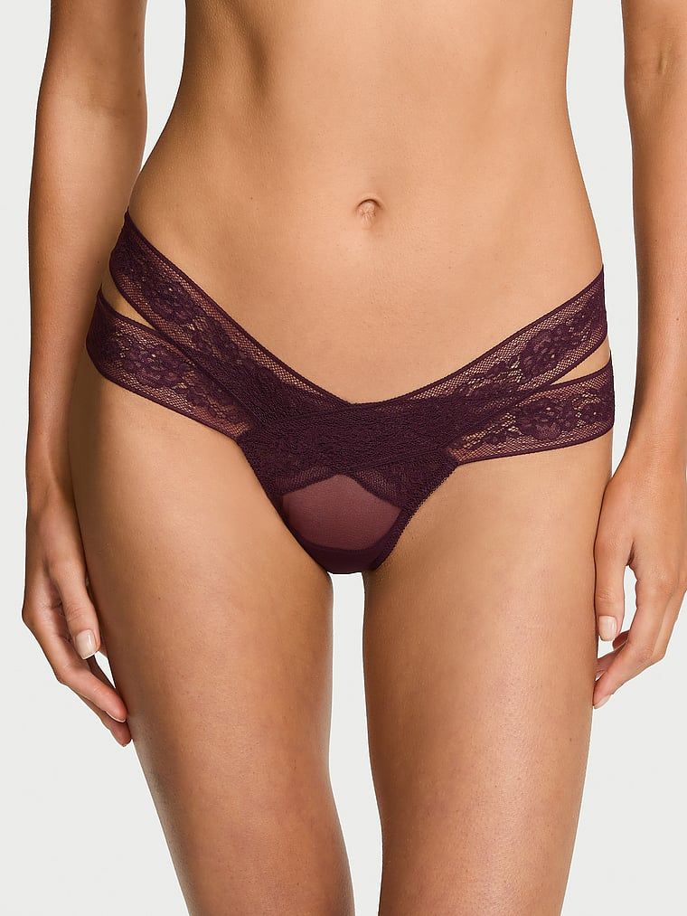 Very Sexy Tanga z krajky s motivem růže, s pásky a průstřihy
