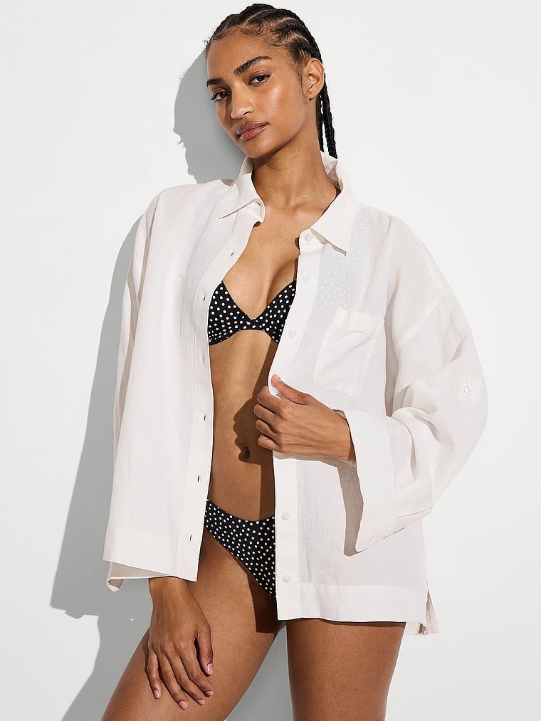Victoria's Secret Swim Plážová lněná košile s dlouhým rukávem Boxy