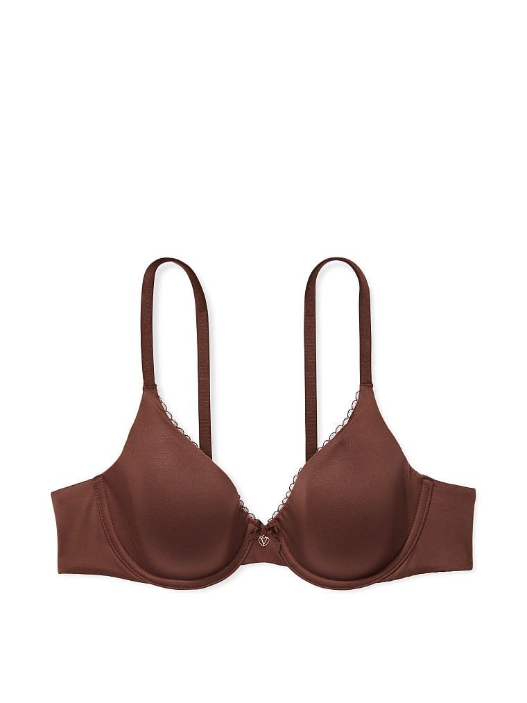 Mírně vyztužená podprsenka se silně vsazenými košíčky s lehkou podšívkou a plným krytím. Produkt je hnědý a pochází z kolekce Body by Victoria.
