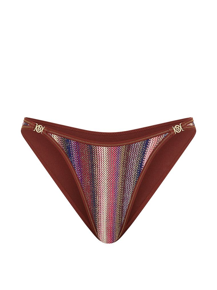 Brazilské spodní části bikin s třpytivými pruhy. Produkt je vzorovaný a pochází z kolekce Victoria's Secret Swim.