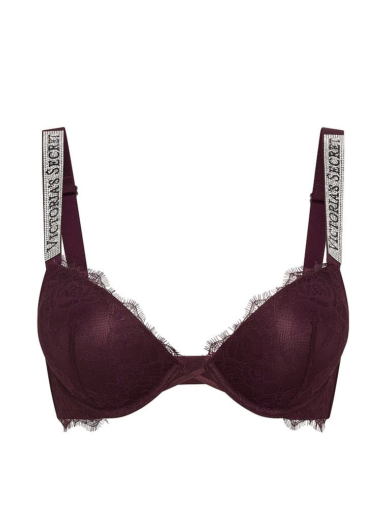 Push-up krajková zvětšovací podprsenka pro 2 velikosti Bombshell Shine Strap. Produkt je fialové barvy a pochází z kolekce Very Sexy.