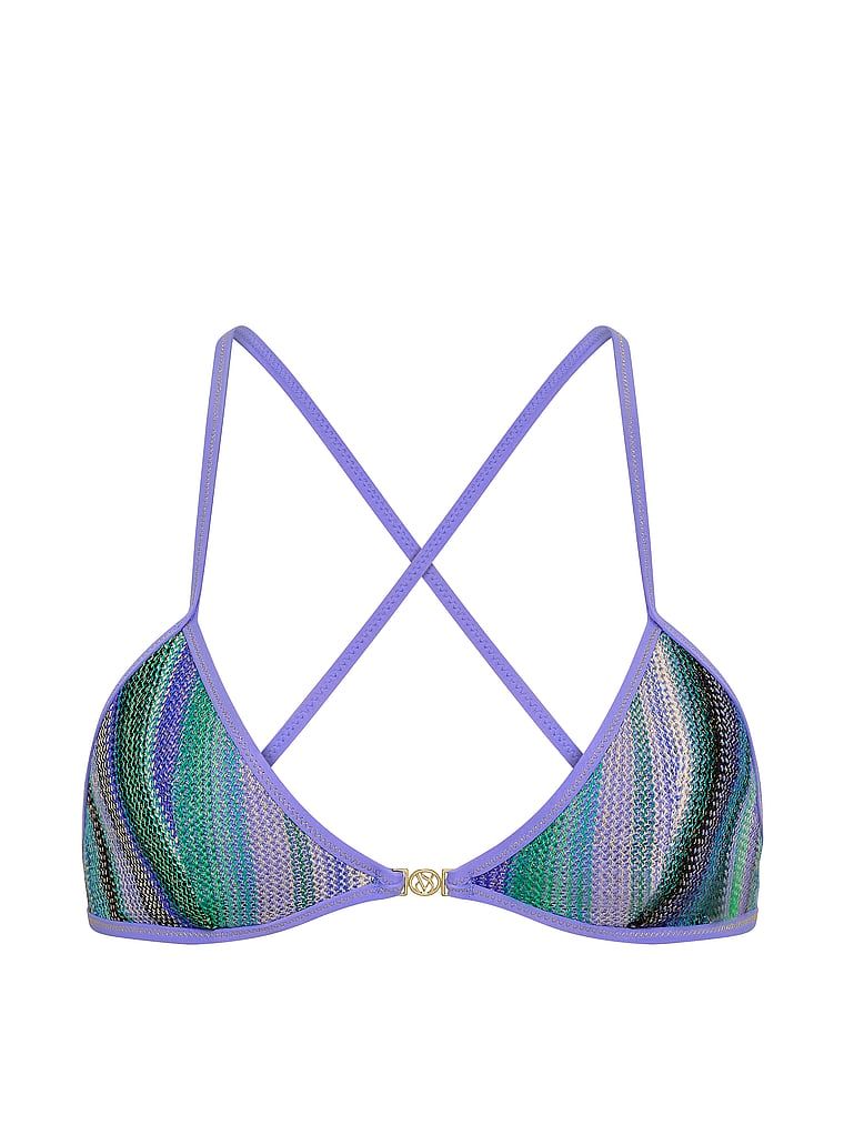 Horní část bikin s třpytivými pruhy a trojúhelníkem. Produkt je vzorovaný a pochází z kolekce Victoria's Secret Swim.