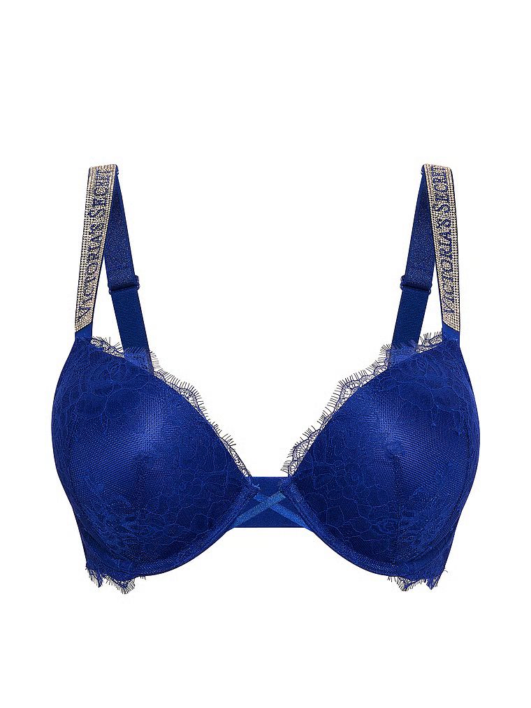 Push-up krajková zvětšovací podprsenka pro 2 velikosti Bombshell Shine Strap. Produkt je modré barvy a pochází z kolekce Very Sexy.