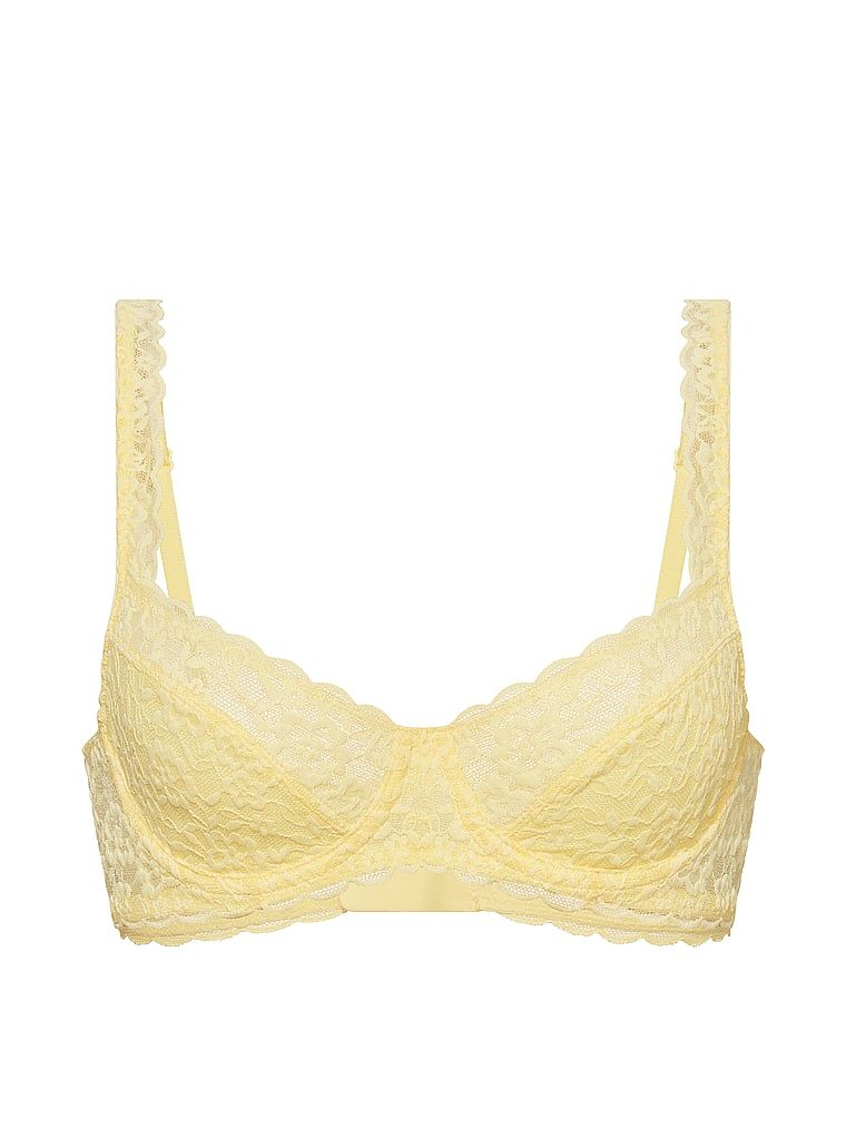 Krajková podprsenka s balkonem bez vycpávky. Produkt je žluté barvy a pochází z kolekce Victoria's Secret.