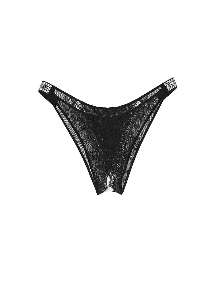 Brazilské krajkové kalhotky bez rozkroku s lesklými pruhy Shine Strap. Produkt je černý a pochází z kolekce Very Sexy.