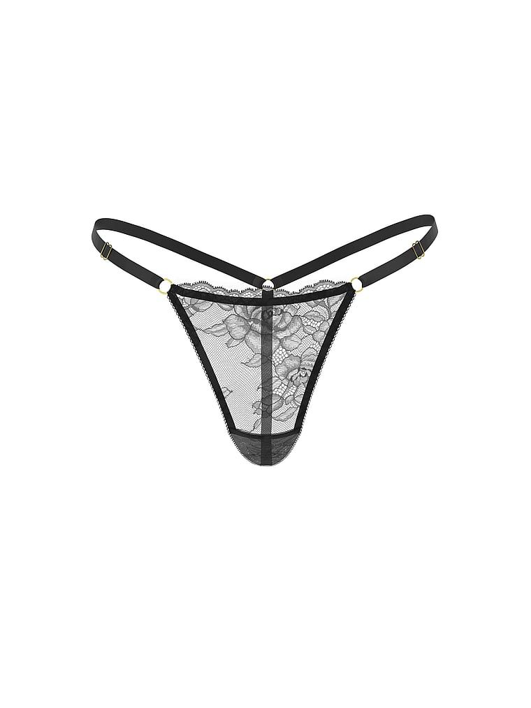 Krajková tanga s nastavitelnými ramínky Rose Lace V-String. Produkt je černý a pochází z kolekce Body by Victoria.