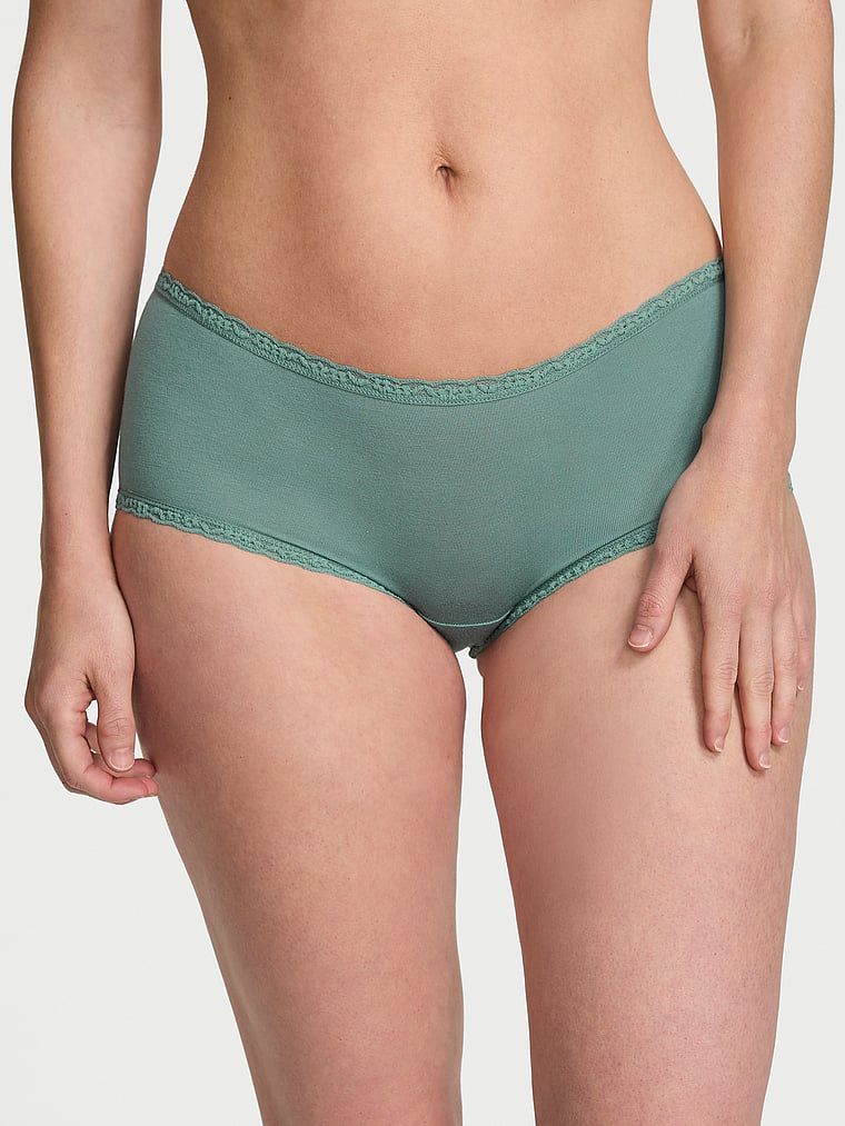 Lace Trim Bavlněné kalhotky Boyshort s krajkovým lemováním