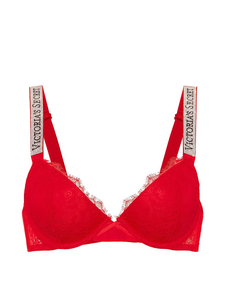 Mírně vycpávaná krajková podprsenka s lesklými ramínky Shine Strap Demi. Produkt je červené barvy a pochází z kolekce Very Sexy.