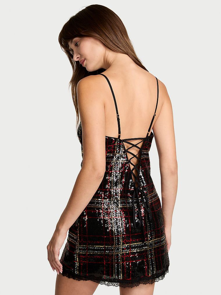 Noční košile mini šaty s flitry Sequin Tartan. Produkt je vzorovaný a pochází z kolekce Very Sexy.