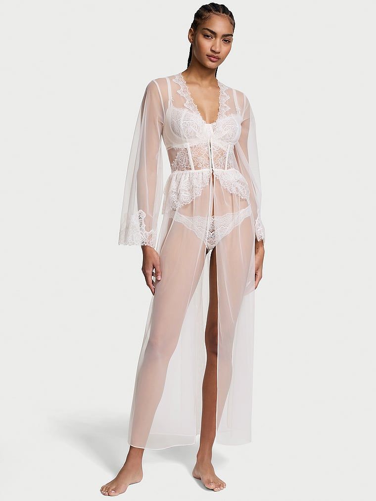 Victoria's Secret Dlouhý župan s krajkou s růžemi & tylový korzetem