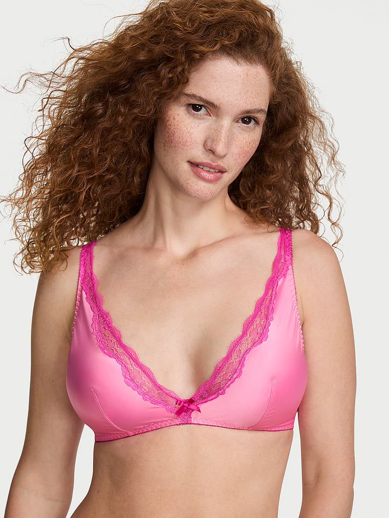 Victoria's Secret Saténová podprsenka Tease bez kostic s krajkovým lemem a hlubokým výstřihem