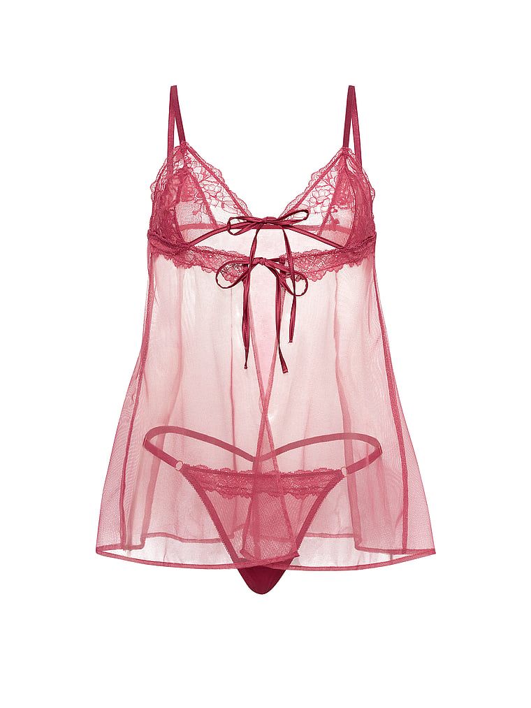 Prosvějná růžová babydoll a tanga. Produkt je fialové barvy a pochází z kolekce Very Sexy.