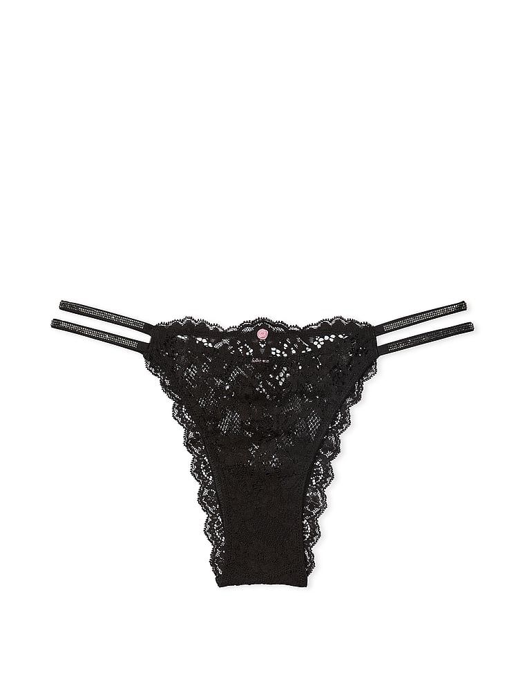 Brazilské krajkové kalhotky s třpytivými ramínky a lesklými ramínky. Produkt je černý a pochází z kolekce Dream Angels.