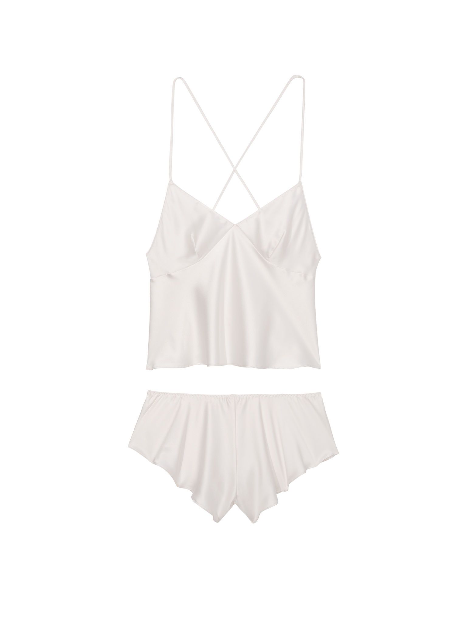 Saténová spací souprava odhalující záda Open-Back Cami Set. Produkt je bílý a pochází z kolekce Victoria's Secret.