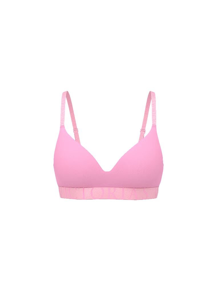 Mírně vycpávaná bavlněná podprsenka bez kostic, explodované logo. Produkt je růžové barvy a pochází z kolekce triček.