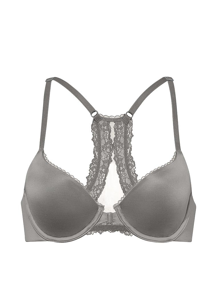 Lehce přišitá podprsenka zapnutá vpředu s krajkou vzadu Racerback Demi. Produkt je šedou barvy, pochází z kolekce Body by Victoria.