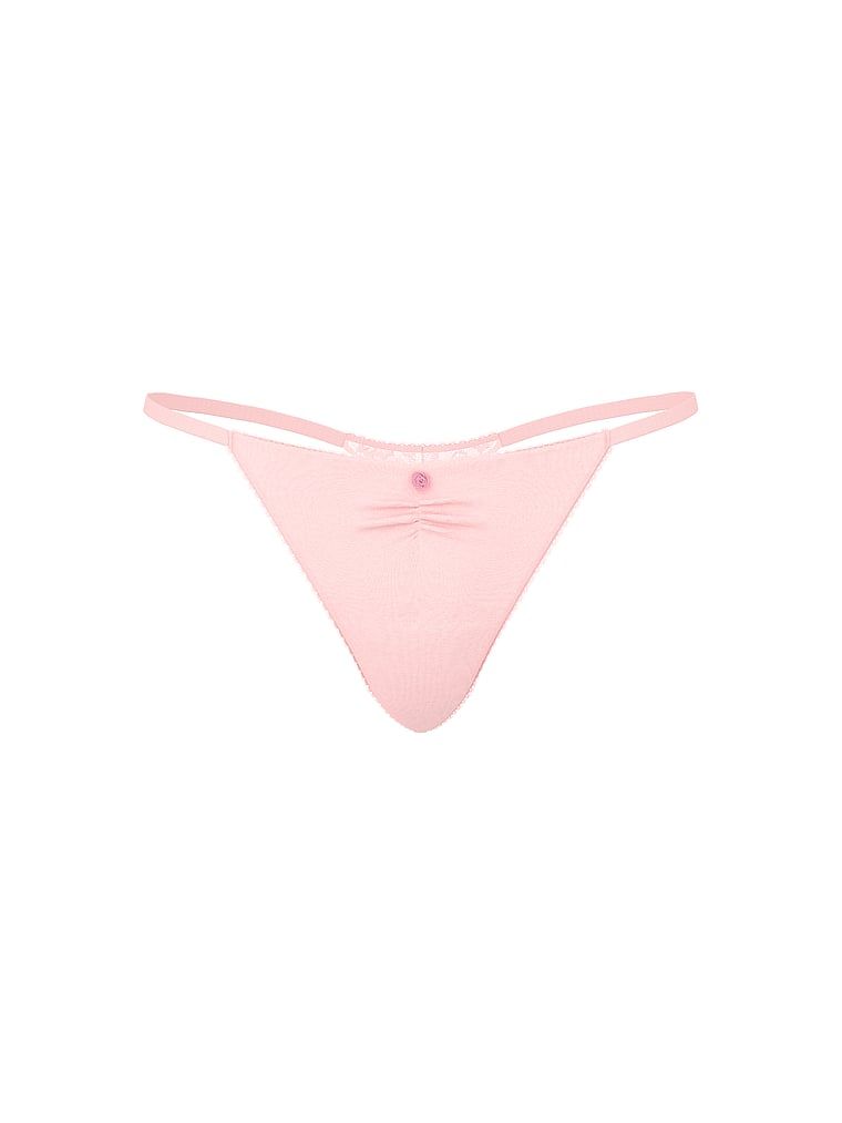 Bavlněné tanga s krajkou vzadu Heart Lace. Produkt je růžové barvy a pochází z kolekce Victoria's Secret.
