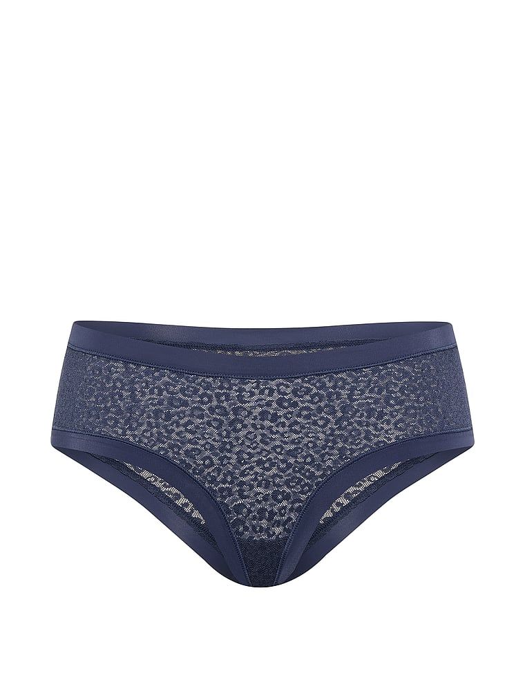 Leopardí drzé leopardí krajkové kalhotky. Produkt je modré barvy a pochází z kolekce No-Show.