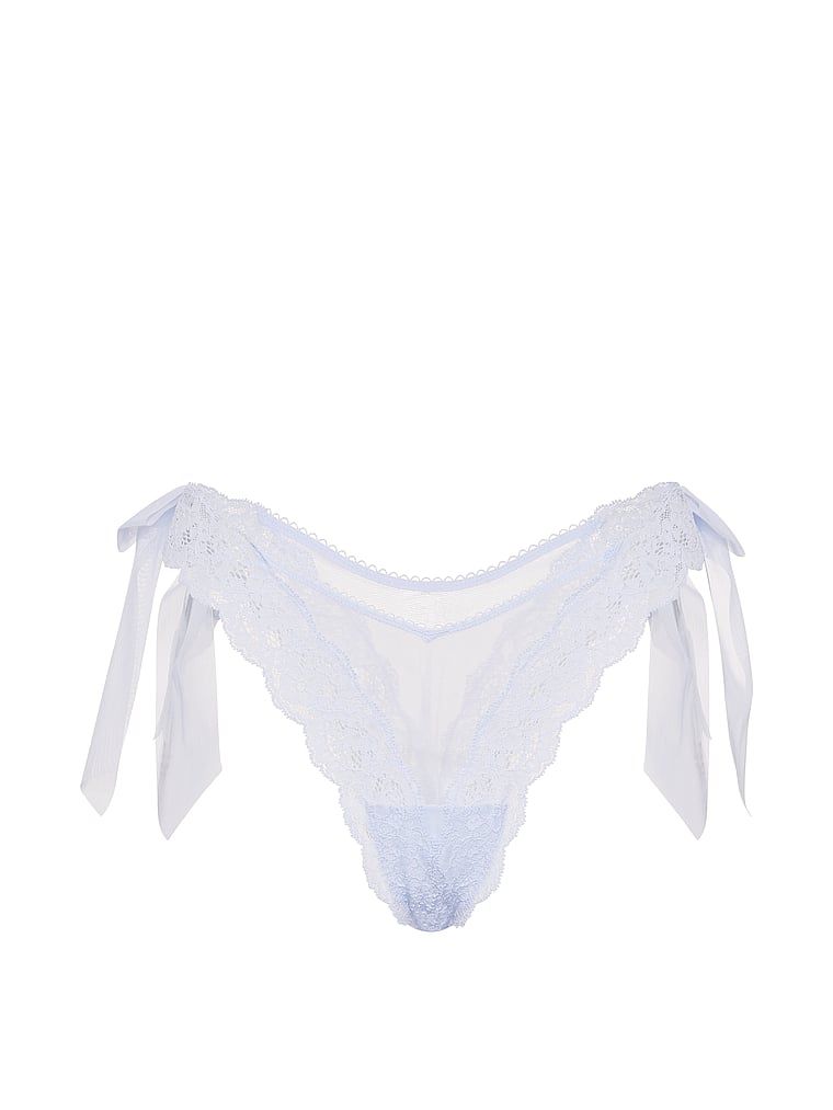 Brazilské kalhotky s mašlemi po stranách, krajka a síťovaná boční mašle. Produkt je modré barvy a pochází z kolekce Dream Angels.
