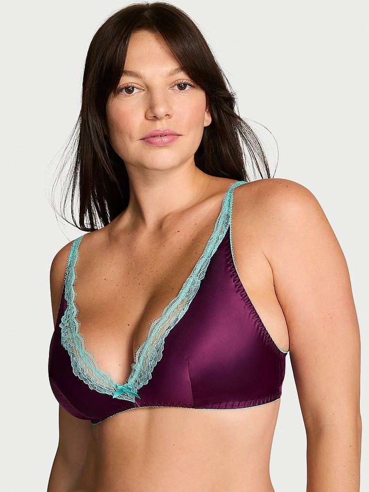 Victoria's Secret Saténová podprsenka Tease bez kostic s krajkovým lemem a hlubokým výstřihem
