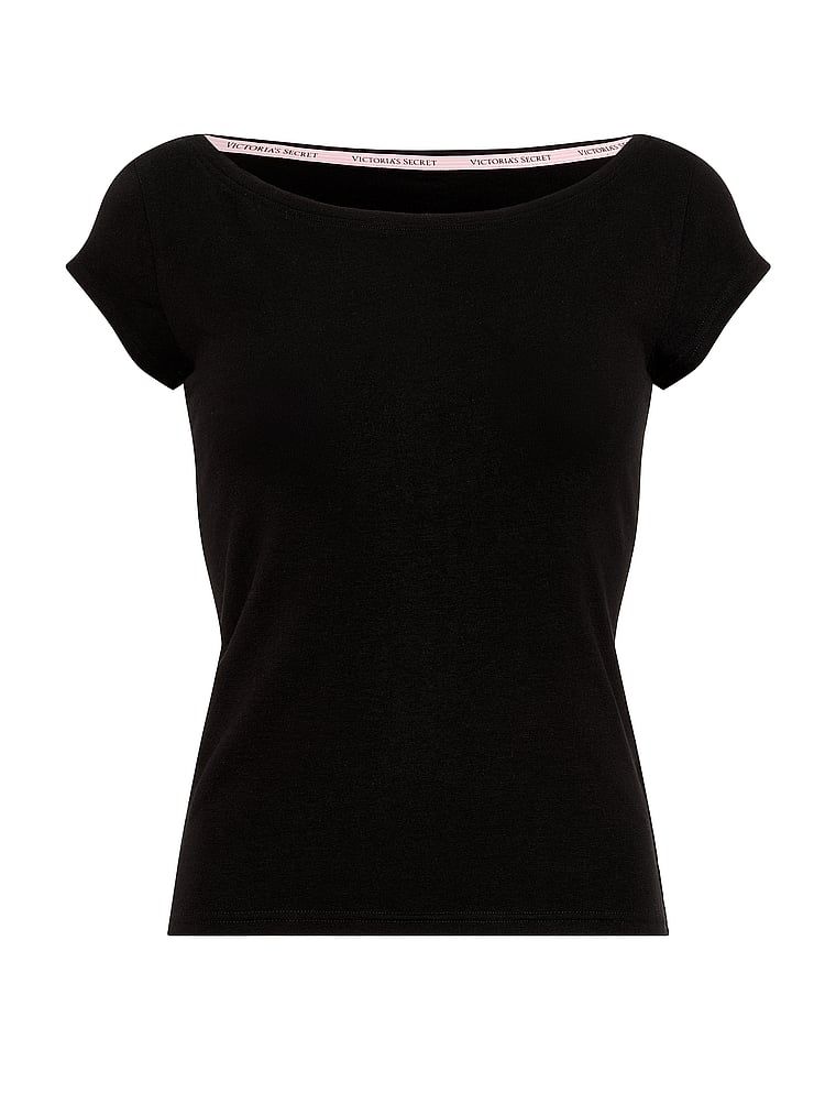 Bavlněné tričko s výstřihem do člunu, Boatneck. Produkt je černý a pochází z kolekce Angel Essentials.