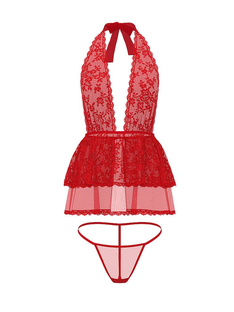 Krajková zástěra a tanga Lace Tulle Babydoll. Výrobek je červené barvy a pochází z kolekce Dream Angels.
