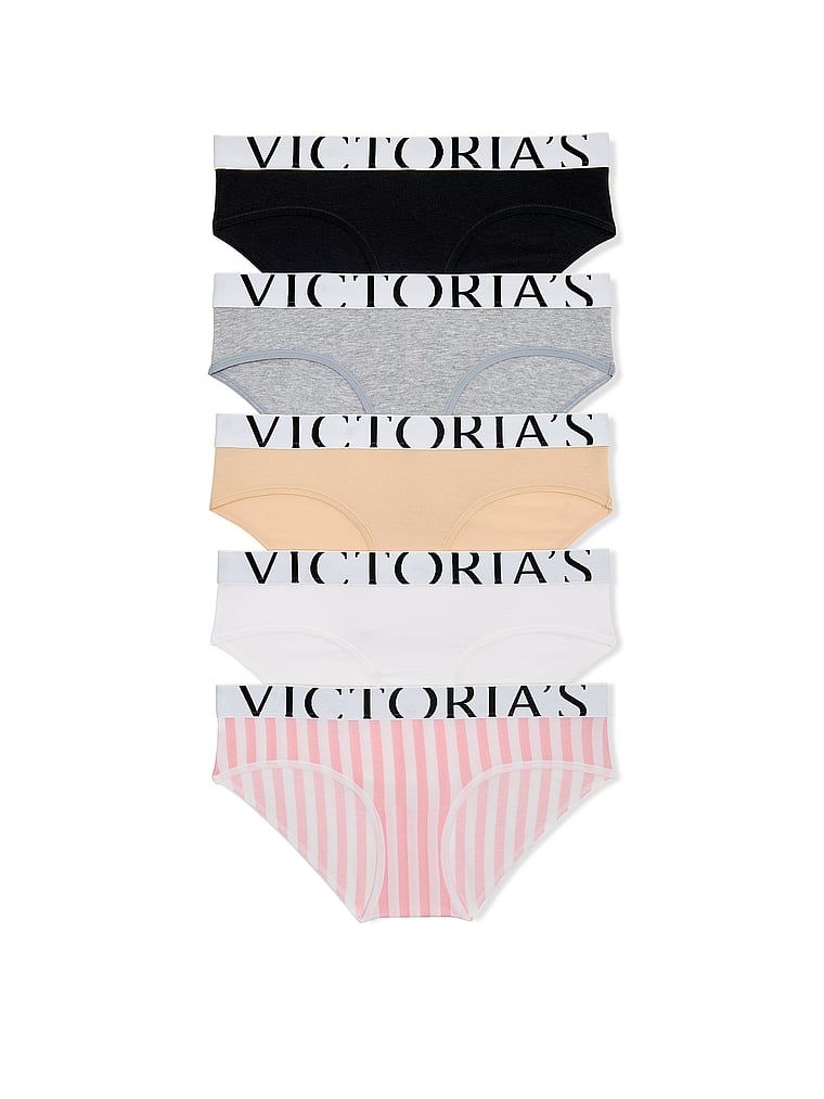 Sada bavlněných kalhotek Hiphugger s explodovaným logem – 5 dílů. Produkt je vzorovaný a pochází z kolekce Victoria's Secret.