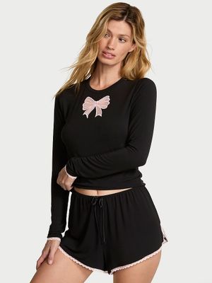 Victoria's Secret Souprava trika s dlouhým rukávem a mašlí a kraťásků z modalu
