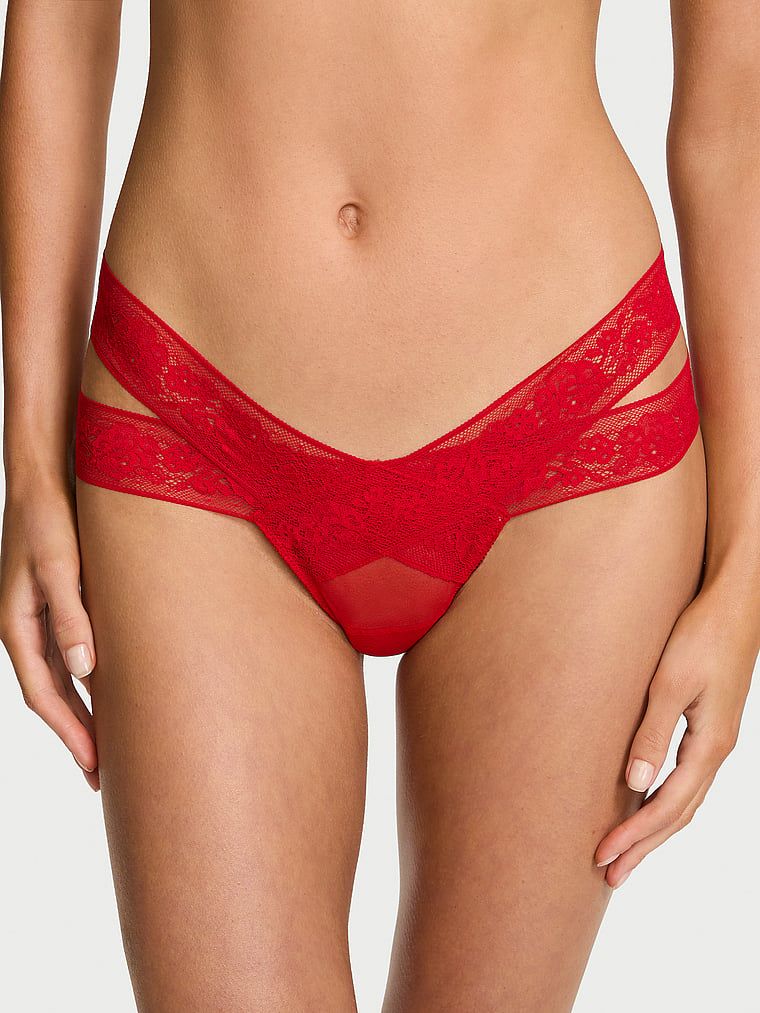 Very Sexy Tanga z krajky s motivem růže, s pásky a průstřihy