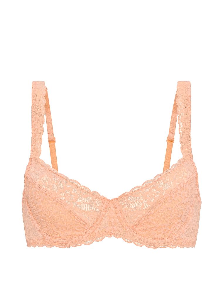 Krajková podprsenka s balkonem bez vycpávky. Produkt je oranžové barvy a pochází z kolekce Victoria's Secret.