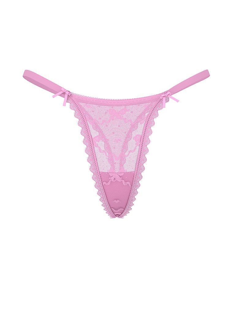 Síťované tanga s motivem mašle. Produkt je fialové barvy a pochází z kolekce Lacie.