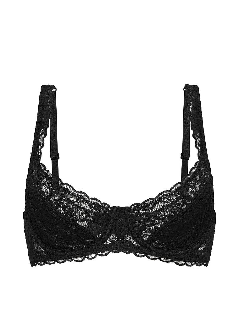 Krajková podprsenka s balkonem bez vycpávky. Produkt je černý a pochází z kolekce Victoria's Secret.