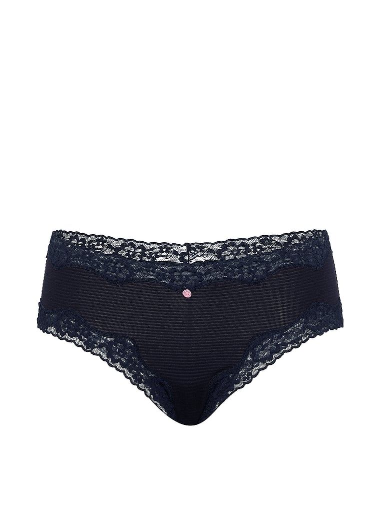Pruhované bavlněné kalhotky s krajkou na okrajích Cheeky. Produkt je modrý a pochází z kolekce Lace Trim.