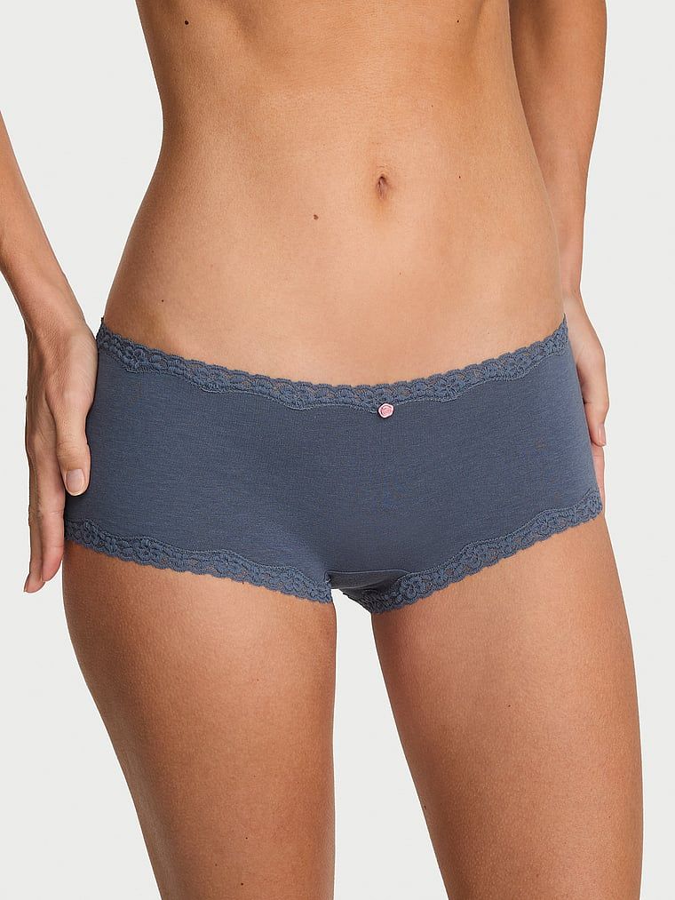 Lace Trim Bavlněné kalhotky Boyshort s krajkovým lemováním